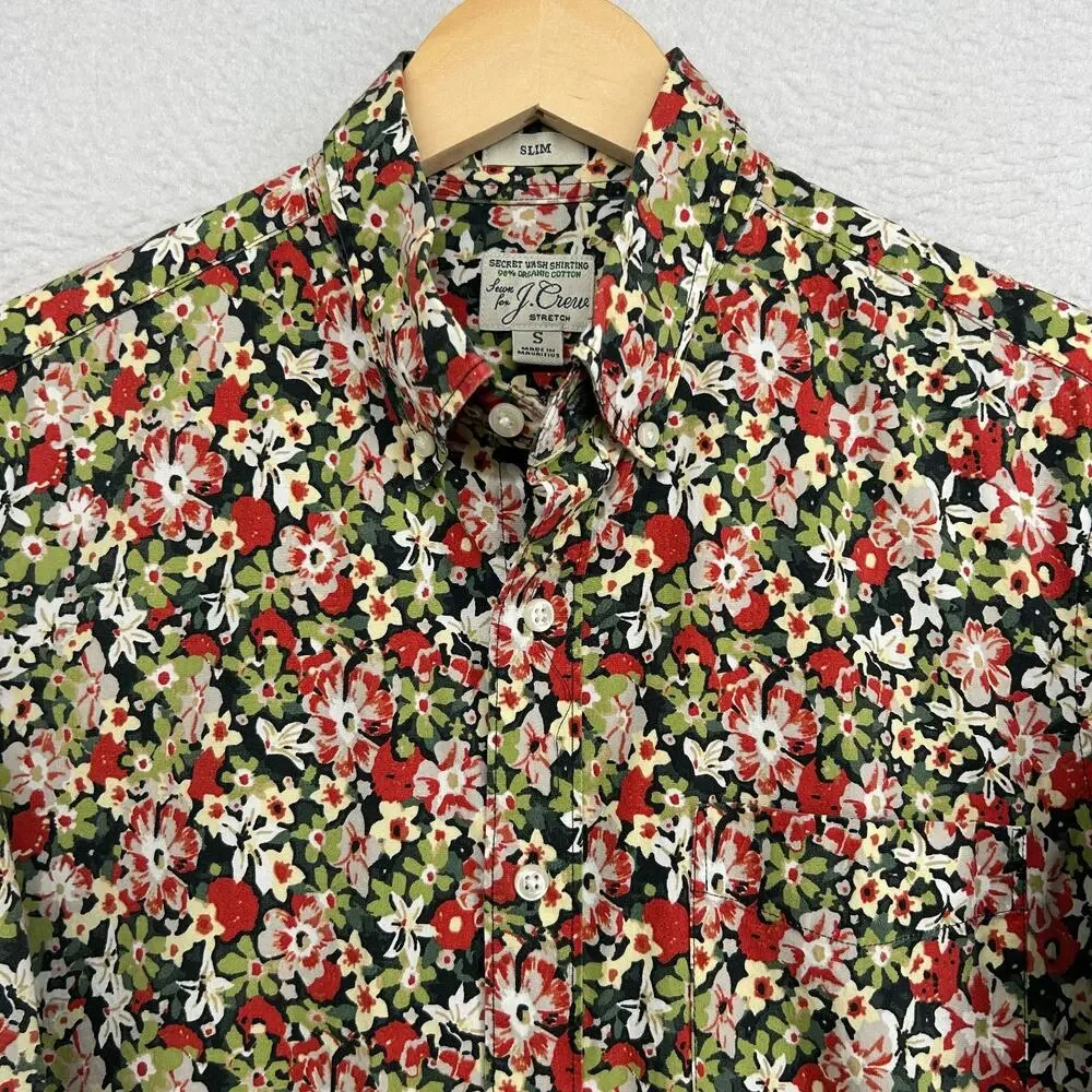J.CREW Shirt Mens S Slim Stretch Secret Wash Floral Organic Cotton Green